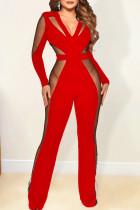 Red Sexy Solid Hollowed Out Split Joint See-through V Neck Boot Cut Jumpsuits