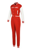 Red Fashion Casual Letter Print Patchwork Long Sleeve Two Pieces