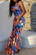 Royal Blue Fashion Sexy Print Backless Spaghetti Strap Long Dress