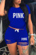 Colorful Blue Fashion Casual Letter Print Ripped O Neck Short Sleeve Two Pieces