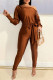 Brown Fashion Casual Solid With Belt Oblique Collar Regular Jumpsuits