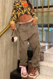 Brown Fashion Casual Solid Patchwork Regular Mid Waist Trousers