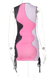 Pink Sexy Casual Patchwork Draw String Frenulum O Neck Vest Dress