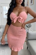 Pink Fashion Sexy Solid Hollowed Out Backless Spaghetti Strap Sleeveless Dress