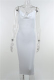 White Fashion Sexy Solid Patchwork Chains Backless Spaghetti Strap Sleeveless Dress