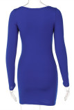 Blue Fashion Sexy Solid Patchwork V Neck Long Sleeve Dresses