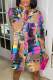 Rose Red Casual Print Patchwork Buckle Turn-back Collar Shirt Dress Dresses