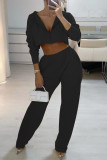 Black Fashion Casual Solid Basic Hooded Collar Long Sleeve Two Pieces