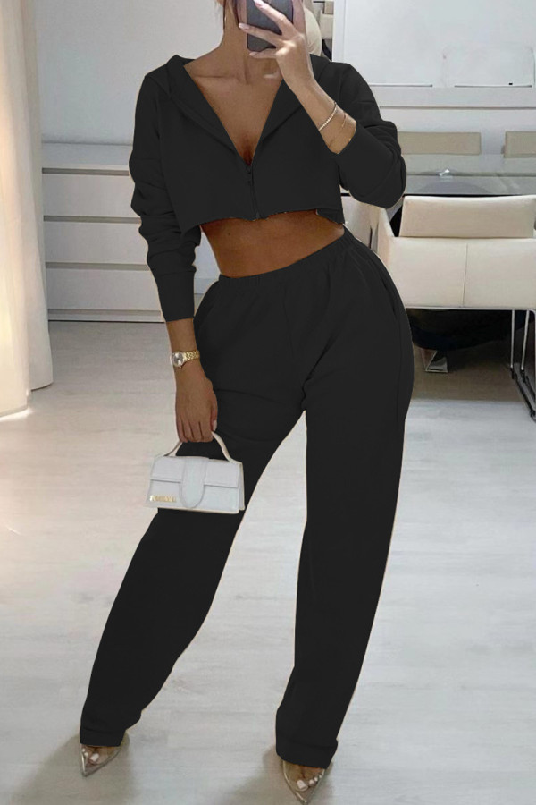 Black Fashion Casual Solid Basic Hooded Collar Long Sleeve Two Pieces