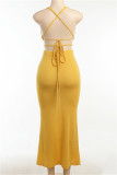 Brown Fashion Sexy Solid Backless Strap Design V Neck Sleeveless Two Pieces