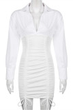 White Fashion Sexy Solid Patchwork Draw String Turndown Collar Long Sleeve Dresses