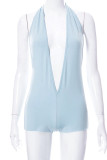 Blue Sexy Casual Solid Backless Halter Skinny Sleeveless Romper