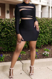 Black Fashion Sexy Solid Hollowed Out Patchwork Turtleneck Long Sleeve Dresses