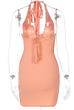 Pink Fashion Sexy Solid Bandage Backless Halter Sleeveless Dress