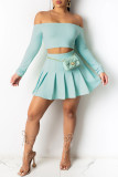 Cyan Sexy Casual Solid Backless Off the Shoulder Long Sleeve Two Pieces