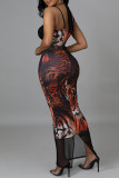 Black Fashion Sexy Print Backless Slit Spaghetti Strap Long Dress