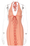 Pink Fashion Sexy Solid Bandage Backless Halter Sleeveless Dress