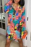 Rose Red Casual Print Patchwork Buckle Turn-back Collar Shirt Dress Dresses