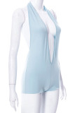 Blue Sexy Casual Solid Backless Halter Skinny Sleeveless Romper
