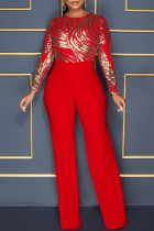 Red Fashion Casual Patchwork Sequins O Neck Regular Jumpsuits