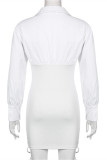 White Fashion Sexy Solid Patchwork Draw String Turndown Collar Long Sleeve Dresses