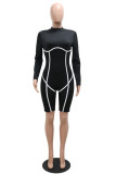 Black Casual Sportswear Solid Patchwork Half A Turtleneck Long Sleeve Skinny Romper