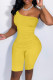 Yellow Fashion Casual Solid Backless Oblique Collar Sleeveless Skinny Romper