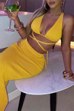 Brown Fashion Sexy Solid Backless Strap Design V Neck Sleeveless Two Pieces