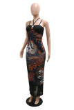 Black Fashion Sexy Print Backless Slit Spaghetti Strap Long Dress