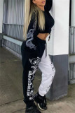 Black White Fashion Casual Graffiti Split Joint Regular High Waist Trousers