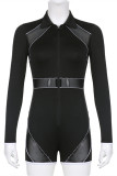 Black Sexy Casual Patchwork Solid See-through Zipper Collar Skinny Romper