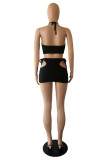 Black Sexy Solid Hollowed Out Backless Strap Design Halter Sleeveless Two Pieces