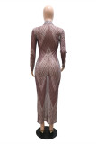 Grey Fashion Sexy Print See-through Turtleneck Long Sleeve Dresses