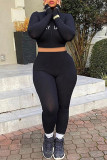 Black Fashion Casual Letter Embroidery Basic Turtleneck Long Sleeve Two Pieces
