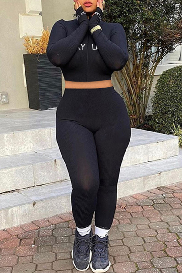 Black Fashion Casual Letter Embroidery Basic Turtleneck Long Sleeve Two Pieces