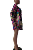 Rose Red Casual Print Patchwork Buckle Turn-back Collar Shirt Dress Dresses