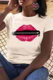 White Fashion Casual Lips Printed Basic O Neck T-Shirts
