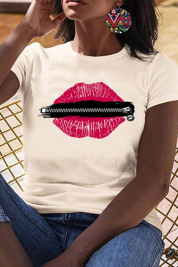 White Fashion Casual Lips Printed Basic O Neck T-Shirts