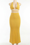 Brown Fashion Sexy Solid Backless Strap Design V Neck Sleeveless Two Pieces