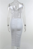 White Fashion Sexy Solid Patchwork Chains Backless Spaghetti Strap Sleeveless Dress
