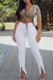 White Fashion Casual Solid Slit Plus Size Jeans