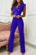 Blue Fashion Casual Solid Basic V Neck Regular Jumpsuits