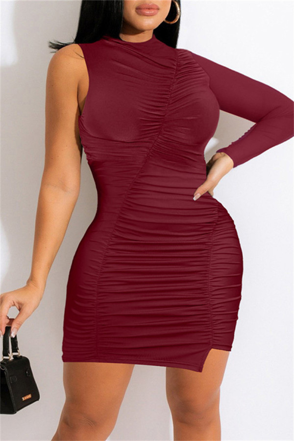 Burgundy Fashion Sexy Solid Fold Half A Turtleneck Long Sleeve Dresses