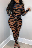 Red Fashion Sexy Print See-through O Neck Skinny Jumpsuits
