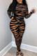 Coffee Fashion Sexy Print See-through O Neck Skinny Jumpsuits
