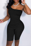 Black Fashion Casual Solid Backless Oblique Collar Sleeveless Skinny Romper