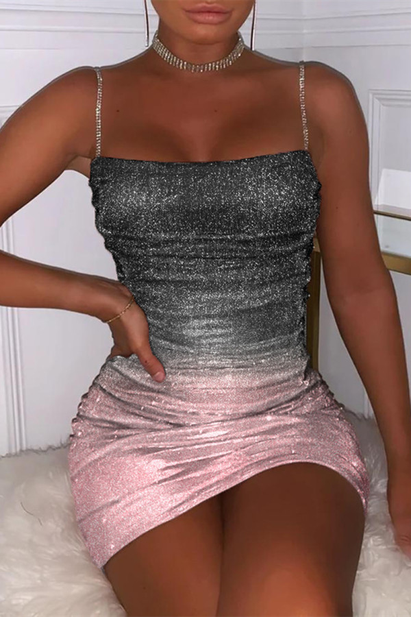 Black Fashion Sexy Gradual Change Patchwork Backless Square Collar Sling Dress