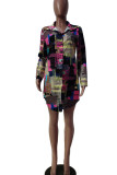 Rose Red Casual Print Patchwork Buckle Turn-back Collar Shirt Dress Dresses