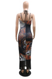 Black Fashion Sexy Print Backless Slit Spaghetti Strap Long Dress