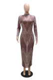 Grey Fashion Sexy Print See-through Turtleneck Long Sleeve Dresses